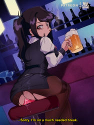 Rule 34 | 1990s (style), 1girl, alcohol, ass cutout, bar (place), bar stool, beer, black hair, bluethebone, brown eyes, cigarette, clothing cutout, dildo, dildo riding, english text, from behind, glass, jill stingray, looking at viewer, looking back, pantyhose, patreon username, pussy juice, retro artstyle, sex toy, sidelocks, sitting, smoking, stool, turning head, twintails, va-11 hall-a