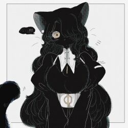 Rule 34 | 1girl, :&lt;, absurdres, animal ear fluff, animal ears, annei (obakeno555), black dress, black fur, black hair, black tail, blush, brown eyes, cat ears, cat girl, cat tail, closed mouth, commentary, cowboy shot, dated, dot nose, dress, earrings, english commentary, flying sweatdrops, furry, furry female, hair over one eye, highres, jewelry, juliet sleeves, limited palette, long hair, long sleeves, looking at viewer, one eye covered, original, outside border, puffy sleeves, single earring, solo, straight-on, tail, twitter username, v arms, very long hair, wavy hair