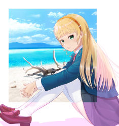 Rule 34 | 1girl, beach, blonde hair, blue jacket, blue sky, blunt bangs, branch, brown footwear, cloud, commentary request, green eyes, hairband, heanna sumire, highres, jacket, light blush, loafers, long sleeves, looking at viewer, love live!, love live! superstar!!, mountain, netsuka, ocean, on ground, orange hairband, parted lips, school uniform, shoes, sitting, sky, solo, thighhighs, yuigaoka school uniform, zettai ryouiki