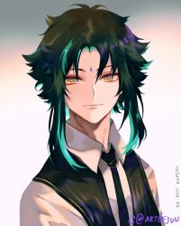 Rule 34 | 10juu, 1boy, black hair, closed mouth, collared shirt, facial mark, forehead mark, genshin impact, gradient background, green hair, highres, long hair, looking at viewer, male focus, multicolored hair, necktie, parted bangs, shirt, sidelocks, simple background, slit pupils, smile, solo, vest, xiao (genshin impact), yellow eyes