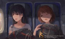 Rule 34 | 2girls, airplane interior, black eyes, black hair, blanket, brown hair, chinese commentary, commentary, commentary request, covering with blanket, english commentary, highres, long hair, mixed-language commentary, multiple girls, one eye closed, open mouth, original, shirt, short sleeves, upper body, white shirt, xilmo, yawning