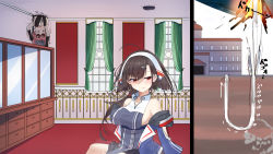 Rule 34 | 2girls, absurdres, ahoge, akaoni (zumt3548), arms up, azur lane, black dress, black skirt, blunt ends, breasts, bremerton (azur lane), bremerton (kung fu cruiser) (azur lane), brown hair, china dress, chinese clothes, curtains, dress, eyewear on head, fossil, girl on top, hair between eyes, hair ornament, hairband, hairclip, half-closed eyes, highres, hole in ceiling, implied sex, independence (azur lane), indoors, large breasts, licking lips, long hair, long sleeves, low ponytail, miniskirt, motion lines, multiple girls, official alternate costume, open mouth, pink eyes, pink hair, pleated skirt, red eyes, round eyewear, sideboob, skirt, sunglasses, tongue, tongue out, ufo, upside-down