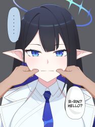 Rule 34 | ..., 1girl, 1other, black hair, blue archive, blue eyes, blue halo, blue necktie, breasts, closed mouth, collared shirt, commentary, english commentary, english text, grey background, halo, highres, large breasts, long hair, looking at viewer, necktie, pointy ears, rin (blue archive), shirt, simple background, solo focus, speech bubble, spoken ellipsis, stryx, upper body, white shirt
