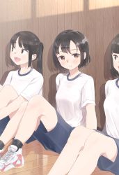 Rule 34 | 12 graka, 3girls, absurdres, black hair, blue shorts, brown eyes, commentary request, gym uniform, highres, looking at viewer, multiple girls, open mouth, original, ponytail, shoes, short hair, short sleeves, shorts, sitting, smile, sneakers