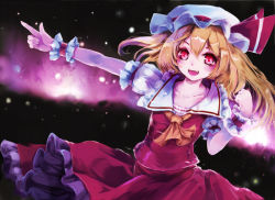 Rule 34 | 1girl, ascot, blonde hair, childofa, fang, fangs, female focus, flandre scarlet, hat, outdoors, outstretched arm, pointing, ponytail, red eyes, short hair, side ponytail, sky, solo, embodiment of scarlet devil, touhou, wrist cuffs