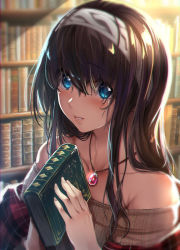 Rule 34 | 1girl, backlighting, beige sweater, black hair, blue eyes, blush, book, bookshelf, breasts, collarbone, hair between eyes, hairband, highres, holding, holding book, idolmaster, idolmaster cinderella girls, jewelry, large breasts, long hair, long sleeves, looking at viewer, necklace, nohito, off-shoulder sweater, off shoulder, pendant, ribbed sweater, sagisawa fumika, shawl, solo, sweater