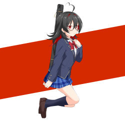 Rule 34 | 1girl, ahoge, alternate costume, black hair, blue skirt, bow, colored inner hair, enma-chan, expressionless, felutiahime, glasses, highres, hololive, hololive english, jumping, looking at viewer, medium hair, multicolored hair, plaid, plaid skirt, red bow, red eyes, red hair, school uniform, skirt, solo, virtual youtuber