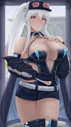 Rule 34 | 1girl, archstreal, azur lane, blue eyes, blue footwear, blush, boots, breasts, cleavage, closed mouth, cowboy shot, enterprise (azur lane), enterprise (wind catcher) (azur lane), eyewear on head, gloves, hand on own chest, hat, highres, large breasts, long hair, long sleeves, looking at viewer, official alternate costume, partially unzipped, ponytail, single glove, solo, sunglasses, thigh boots, thighhighs, thighs, white hair