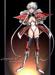 Rule 34 | 1girl, :o, armor, black thighhighs, boots, breasts, brown eyes, claret (langrisser), cleavage, full body, happy, langrisser, langrisser v, long hair, official art, pauldrons, scan, shoulder armor, sidelocks, solo, thighhighs, urushihara satoshi, white hair