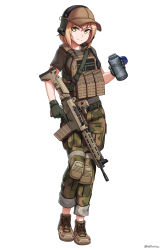 Rule 34 | 1girl, absurdres, assault rifle, baseball cap, blonde hair, brown footwear, brown hat, brown shirt, camouflage, camouflage pants, closed mouth, commentary request, commission, ear protection, fn fnc, full body, gun, hair between eyes, hat, headset, highres, holding, holding gun, holding weapon, looking at viewer, ndtwofives, original, pants, rifle, shirt, shoes, short sleeves, simple background, smile, standing, twitter username, weapon, white background, yellow eyes