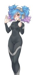 Rule 34 | 1girl, :o, afterimage, black bodysuit, blue hair, blush, bodysuit, bow, breasts, covered navel, fanning face, fanning self, feet out of frame, fire emblem, fire emblem fates, gradient hair, grey bow, hair bow, hair over one eye, impossible bodysuit, impossible clothes, long hair, long sleeves, monorus, motion lines, multicolored hair, nintendo, no bra, nose blush, open mouth, peri (fire emblem), pink hair, red eyes, simple background, skin tight, small breasts, solo, standing, striped, striped bow, sweatdrop, twintails, white background