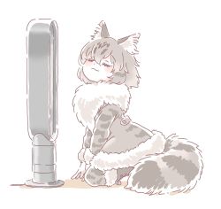 Rule 34 | 10s, 1girl, :3, animal ear fluff, animal ears, bladeless fan, blush, boots, cat ears, cat tail, coat, commentary request, closed eyes, fur collar, fur trim, grey hair, hand fan, highres, kemono friends, long sleeves, mitsumoto jouji, multicolored hair, norwegian forest cat (kemono friends) (mitsumoto jouji), original, short hair, solo, tail