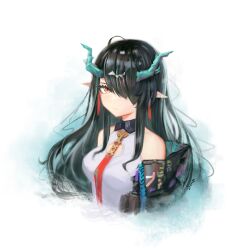 Rule 34 | 1girl, aqua hair, aqua horns, arknights, bare shoulders, black hair, cleavage cutout, closed mouth, clothing cutout, collared dress, cropped torso, dragon girl, dragon horns, dress, dusk (arknights), earrings, eddie (eddie 77), expressionless, hair over one eye, highres, horns, jewelry, long hair, looking at viewer, multicolored hair, necktie, off shoulder, one eye covered, orange eyes, pointy ears, red necktie, signature, sleeveless, sleeveless dress, solo, streaked hair, white background, white dress