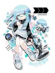 Rule 34 | 1girl, 1k0tk, :o, absurdres, arm at side, black shorts, blue eyes, blue hair, blue trim, blunt bangs, blush, chibi, chibi inset, commentary, drop shadow, earrings, full body, hand up, highres, holding, holding weapon, inkling, inkling girl, inkling player character, jacket, jewelry, long hair, multicolored clothes, multicolored jacket, nintendo, no nose, open mouth, outline, pointy ears, shorts, solo, splatoon (series), splatter, sploosh-o-matic (splatoon), standing, standing on one leg, symbol-only commentary, tentacle hair, two-tone jacket, weapon, white background, white footwear, white outline