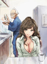 Rule 34 | 1boy, 1girl, arms at sides, blouse, blue shirt, bread, breasts, carina (xiaowoo), cleavage, coffee, coffee mug, collared shirt, cup, eyebrows hidden by hair, facial hair, food, from side, glasses, highres, indoors, kitchen, large breasts, long hair, moka (carina), mug, mustache, no bra, old, old man, open clothes, open shirt, original, pajamas, refrigerator, robe, shirt, sitting, standing, swept bangs, wavy hair, white hair, white shirt