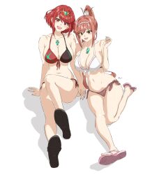 Rule 34 | 2girls, arms up, bikini, blush, breasts, censored, chest jewel, collarbone, commentary, dangle earrings, earrings, feet, full body, glimmer (xenoblade), heel up, high ponytail, highres, jewelry, kneepits, large breasts, legs, long hair, looking at viewer, medium hair, mitsugu, mother and daughter, multiple girls, navel, open mouth, pyra (xenoblade), red eyes, red hair, sandals, shoe soles, sidelocks, sitting, swept bangs, swimsuit, tiara, white background, xenoblade chronicles (series), xenoblade chronicles 2, xenoblade chronicles 3, xenoblade chronicles 3: future redeemed