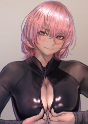 Rule 34 | 1girl, blush, breasts, cleavage, cleavage cutout, clothing cutout, front zipper swimsuit, grey eyes, highres, kilye kairi, long sleeves, looking at viewer, meme attire, one-piece swimsuit, original, pink hair, short hair, simple background, solo, swimsuit, upper body