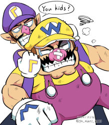 Rule 34 | 2boys, artist name, big nose, bruise, bruised eye, cleft chin, clenched teeth, dirty, dirty clothes, dirty face, facial hair, fat, gloves, grabbing, grabbing from behind, hat, injury, mario (series), multiple boys, mustache, nintendo, overalls, pointy ears, purple hat, purple overalls, purple shirt, shirt, simple background, speech bubble, sweatdrop, teeth, waluigi, wario, white background, white gloves, ya mari 6363, yellow hat, yellow shirt