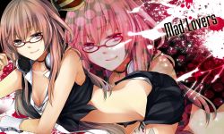 Rule 34 | 1girl, alternate costume, arm rest, arm support, bare shoulders, bent over, black shorts, breasts, choker, cleavage, english text, female focus, glasses, haru (haru2079), headphones, long hair, looking at viewer, megurine luka, midriff, pink hair, purple eyes, short shorts, shorts, sleeveless, small breasts, smile, solo, vocaloid, wrist cuffs
