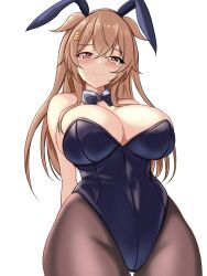 Rule 34 | 1girl, animal ears, black leotard, black ribbon, blush, bow, bowtie, breasts, brown eyes, brown pantyhose, cleavage, covered navel, detached collar, fake animal ears, hair between eyes, hair flaps, hair ornament, hairclip, heterochromia, highres, kantai collection, large breasts, leotard, light brown hair, long hair, looking at viewer, looking back, montemasa, murasame (kancolle), murasame kai ni (kancolle), pantyhose, playboy bunny, rabbit ears, red eyes, ribbon, smile, solo, strapless, strapless leotard, traditional bowtie, two side up, wrist cuffs
