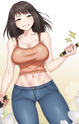 Rule 34 | 1girl, absurdres, blouse, borrowed character, breasts, brown hair, cleavage, denim, fang, flower, gluteal fold, gradient background, highres, large breasts, lips, looking at viewer, medium hair, midriff, navel, orange shirt, original, shirt, solo, stomach, teeth, yakimi 27, yellow eyes