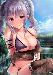 Rule 34 | 1girl, arm garter, bad id, bad twitter id, bare shoulders, bikini, black bikini, black bow, blue sky, blush, bow, breast hold, breasts, bush, cleavage, collarbone, day, drill hair, elbow gloves, floral print, flower, garana, gloves, grey hair, hair bow, highres, idolmaster, idolmaster cinderella girls, kanzaki ranko, large breasts, lens flare, light particles, long hair, looking at viewer, outdoors, red eyes, sky, solo, stenciled rose, sunlight, swimsuit, thighhighs, tree, twin drills, twintails, wet