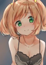 Rule 34 | 1girl, absurdres, ahoge, black bra, blonde hair, blush, bra, breasts, breasts squeezed together, cleavage, closed mouth, collarbone, curly hair, deko isu, eyes visible through hair, green eyes, grey background, hair bobbles, hair ornament, head tilt, highres, idolmaster, idolmaster cinderella girls, lace, lace-trimmed bra, lace trim, light smile, lingerie, looking at viewer, medium breasts, medium hair, sato shin, smile, solo, swept bangs, tareme, twintails, underwear, upper body