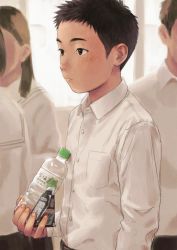 Rule 34 | 2boys, 2girls, b gent, black eyes, black hair, blush, bottle, breast pocket, child, closed mouth, collared shirt, commentary request, holding, holding bottle, long hair, male focus, multiple boys, multiple girls, original, pocket, shirt, short hair, solo focus, water bottle, window