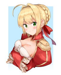 Rule 34 | 1girl, ahoge, auui, blonde hair, blue background, blush, bow, braid, breasts, cleavage, closed mouth, commentary request, cropped torso, crossed arms, dress, epaulettes, fate/extra, fate (series), green eyes, hair bow, hair bun, hair intakes, highres, juliet sleeves, long sleeves, looking at viewer, medium breasts, nero claudius (fate), nero claudius (fate) (all), nero claudius (fate/extra), puffy sleeves, red bow, red dress, sidelocks, single hair bun, sleeves past wrists, smile, solo, two-tone background, upper body, white background, wide sleeves