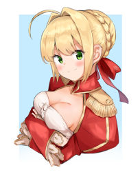 1girl ahoge auui blonde_hair blue_background blush bow braid breasts cleavage closed_mouth commentary_request cropped_torso crossed_arms dress epaulettes fate/extra fate_(series) green_eyes hair_bow hair_bun hair_intakes highres juliet_sleeves long_sleeves looking_at_viewer medium_breasts nero_claudius_(fate) nero_claudius_(fate)_(all) nero_claudius_(fate/extra) puffy_sleeves red_bow red_dress sidelocks single_hair_bun sleeves_past_wrists smile solo two-tone_background upper_body white_background wide_sleeves