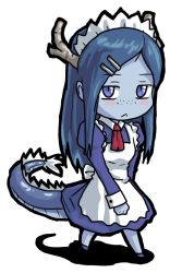 Rule 34 | 1girl, :&lt;, apron, blue eyes, blue hair, blue skin, blush, blush stickers, chibi, colored skin, dragon girl, dragon horns, dragon tail, dress, four holy beasts, freckles, full body, futaba channel, horns, long hair, looking at viewer, maid, maid apron, matching hair/eyes, monster girl, nijiura maids, oso (toolate), puffy sleeves, purple eyes, ribbon, seiryuu (nijiura maids), simple background, slit pupils, solo, tail, walking, white background