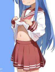 Rule 34 | 1girl, :3, ahoge, artist name, blue background, blue hair, clothes lift, commentary request, cowboy shot, head out of frame, highres, izumi konata, long hair, long sleeves, looking at viewer, lucky star, nagare (flow), navel, navel focus, neckerchief, pleated skirt, red neckerchief, red skirt, ryouou school uniform, school uniform, shirt lift, simple background, skirt, solo, standing, thighs, twitter username, very long hair, white background