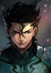 Rule 34 | 1boy, armor, black hair, bodysuit, closed mouth, fate/zero, fate (series), green bodysuit, hair between eyes, hungry clicker, diarmuid ua duibhne (lancer) (fate), looking at viewer, male focus, manly, mole, mole under eye, shoulder armor, single pauldron, smile, solo, pauldrons, upper body, yellow eyes