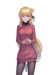 Rule 34 | 1girl, agnes claudel, athrun1120, black pantyhose, blonde hair, blue eyes, breasts, closed mouth, commentary request, contrapposto, cropped legs, dress, eiyuu densetsu, hair bun, highres, jewelry, kuro no kiseki, lipstick, long hair, long sleeves, looking at viewer, makeup, medium breasts, necklace, own hands together, pantyhose, pink lips, red dress, red sweater, ribbed sweater, side bun, simple background, single hair bun, single side bun, smile, solo, standing, sweater, sweater dress, turtleneck, turtleneck dress, turtleneck sweater, very long hair, white background