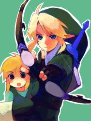 Rule 34 | 2boys, blonde hair, blue eyes, bow (weapon), dual persona, gloves, hat, link, male focus, master sword, multiple boys, nintendo, pointy ears, shield, shield on back, sword, the legend of zelda, toon link, weapon, young link