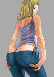Rule 34 | 1girl, android 18, ass, ass focus, bare arms, bare shoulders, blonde hair, blue panties, blue pants, camisole, closed mouth, cowboy shot, denim, dragon ball, expressionless, from behind, from below, green eyes, grey background, hands on ass, jeans, kokuriu, looking at viewer, looking back, lowleg, lowleg pants, panties, pants, short hair, side-tie panties, simple background, sleeveless, solo, standing, thong, underwear, whale tail (clothing)