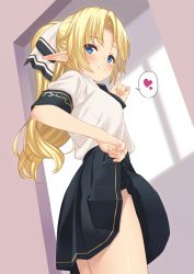 Rule 34 | 1girl, black skirt, blonde hair, blue eyes, blush, clothes lift, cowboy shot, doorway, elf, from below, from side, hair ribbon, heart, highres, index finger raised, indoors, iris (takunomi), lifted by self, long hair, looking at viewer, looking down, looking to the side, original, parted bangs, pointy ears, ribbon, shiny skin, shirt, short sleeves, skirt, skirt lift, solo, speech bubble, spoken heart, standing, takunomi, tareme, thighs, white ribbon, white shirt, window