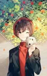 Rule 34 | 1boy, absurdres, bad id, bad pixiv id, black jacket, blush, brown hair, camera, commentary, flower, hand up, highres, holding, holding camera, jacket, long hair, long sleeves, looking at viewer, male focus, one eye closed, original, parted lips, plant, red flower, red headwear, red sweater, short hair, smile, solo, sweater, symbol-only commentary, upper body, yuhi (hssh 6)