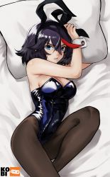 Rule 34 | 1girl, animal ears, artist name, black hair, black leotard, black pantyhose, blue eyes, bow, bowtie, commentary, detached collar, english commentary, fake animal ears, highres, kill la kill, kobi420, leotard, looking at viewer, lying, matoi ryuuko, multicolored hair, on side, pantyhose, parted lips, pillow, playboy bunny, red hair, revision, shiny clothes, short hair, solo, strapless, strapless leotard, streaked hair, two-tone hair, wrist cuffs