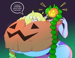 Rule 34 | 1girl, absurdres, black nails, blonde hair, breasts, cassie (theycallhimcake), covered erect nipples, english text, facing viewer, gigantic breasts, green hair, gym shorts, halloween, highres, long hair, pumpkin, purple hair, shorts, solo, tagme, theycallhimcake, thick thighs, thighs, underboob, very long hair, wide hips