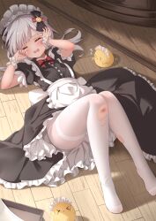 Rule 34 | 1girl, absurdres, alternate costume, apron, azur lane, black dress, blush, bow, bowtie, chinese commentary, commentary request, crying, dress, enmaided, fallen down, flandre (azur lane), flandre (if love is a sin thou art forgiven) (azur lane), headdress, highres, low twintails, lying, maid, maid apron, manjuu (azur lane), medium hair, on back, pantyhose, petticoat, puffy short sleeves, puffy sleeves, qian hen, red bow, red bowtie, rubbing eyes, scraped knee, short sleeves, solo, swept bangs, thighband pantyhose, torn clothes, torn pantyhose, twintails, waist apron, white apron, white pantyhose, wooden floor, wrist cuffs