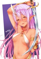 Rule 34 | 1girl, :d, arm up, armlet, artist name, asymmetrical horns, bare shoulders, blush, breasts, brown eyes, collarbone, commentary request, dark-skinned female, dark skin, earrings, fang, hair between eyes, half-closed eyes, head tilt, highres, holding, holding sword, holding weapon, horns, jewelry, long hair, looking at viewer, navel, o-ring, o-ring top, open mouth, original, pinky out, pointy ears, purple hair, revealing clothes, scimitar, signature, small breasts, smile, solo, sword, uneven horns, very long hair, weapon, yaosera