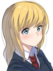 Rule 34 | 1girl, bad id, bad twitter id, blonde hair, blue eyes, blue sweater, blush, closed mouth, collared shirt, commentary request, highres, looking at viewer, necktie, original, red necktie, shirt, simple background, solo, sweater, upper body, white background, wing collar, yuki arare