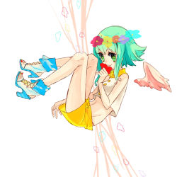 Rule 34 | 1girl, bad id, bad pixiv id, czc, czc (deko), female focus, flower, full body, green eyes, green hair, gumi, high heels, matching hair/eyes, midriff, open shoes, shoes, short hair, smile, solo, vocaloid, white background, wings