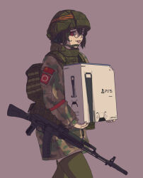 Rule 34 | 1girl, ak-74, assault rifle, b1-517, backpack, bag, black hair, body armor, carrying, chin strap, game console, glasses, gun, helmet, highres, kalashnikov rifle, military, original, playstation 5, red eyes, rifle, soviet flag, tactical clothes, tongue, tongue out, weapon