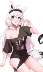 Rule 34 | 1girl, ahoge, animal ear fluff, animal ears, black hairband, black panties, black shirt, commentary request, deen (hnxp8555), earrings, fox ears, fox girl, fox tail, green eyes, hair between eyes, hairband, highres, hololive, jewelry, long hair, looking at viewer, low twintails, panties, pentagram, shirakami fubuki, shirakami fubuki (loungewear), shirt, sidelocks, simple background, sitting, solo, tail, twintails, underwear, virtual youtuber, white background, white hair