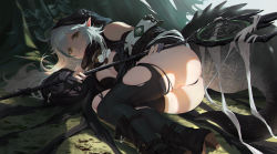 Rule 34 | 1girl, arknights, ass, bare shoulders, black thighhighs, boots, breasts, crocodilian tail, diaodiao, gloves, green hair, grey hair, highres, long hair, looking at viewer, lying, multicolored hair, partially fingerless gloves, pointy ears, skindentation, small breasts, solo, tail, thigh boots, thighhighs, tomimi (arknights), torn clothes, torn thighhighs, two-tone hair, yellow eyes