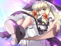 Rule 34 | 1girl, apron, blonde hair, bloomers, blush, boots, bow, braid, broom, broom riding, hair bow, hat, kirisame marisa, long hair, open mouth, ribbon, short sleeves, skirt, smile, solo, taka (sanoujo358), touhou, underwear, vest, witch hat, yellow eyes