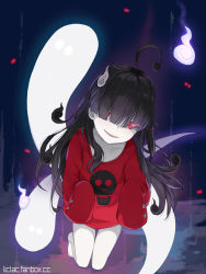 Rule 34 | 1girl, ahoge, bare legs, barefoot, black hair, collarbone, commentary request, evil smile, flaming eye, full body, hair over eyes, highres, hitodama, liclac, long hair, long sleeves, looking at viewer, original, parted lips, red eyes, red shirt, shirt, skull print, sleeves past fingers, sleeves past wrists, smile, solo, very long hair, watermark, web address