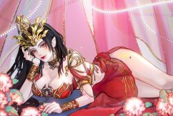 Rule 34 | 1girl, absurdres, artist request, bare legs, beads, black hair, breasts, cai lin (doupo cangqiong), curtains, doupo cangqiong, dress, earrings, flower, hair ornament, hand on own face, highres, jewelry, long hair, lying, medium breasts, on side, pointy ears, red dress, red eyes, red tank top, second-party source, sexually suggestive, solo, tank top, thighs